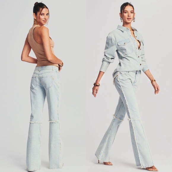 RETROFETE 70s Mid Rise Light Wash Denim Distressed Seam Bellbottom Flare Jean 24 - Picture 2 of 7